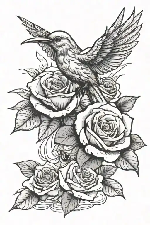 rose money with bird at the top tattoo design idea