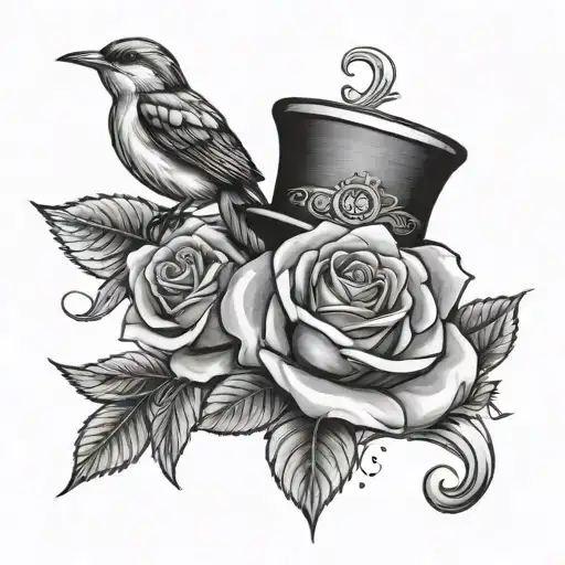 money rose and bird at the top hat tattoo design idea