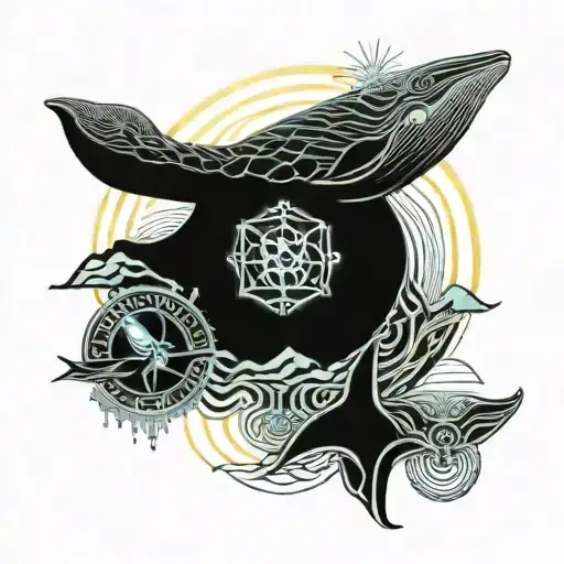 whale, sea, sun and mountains tattoo design idea