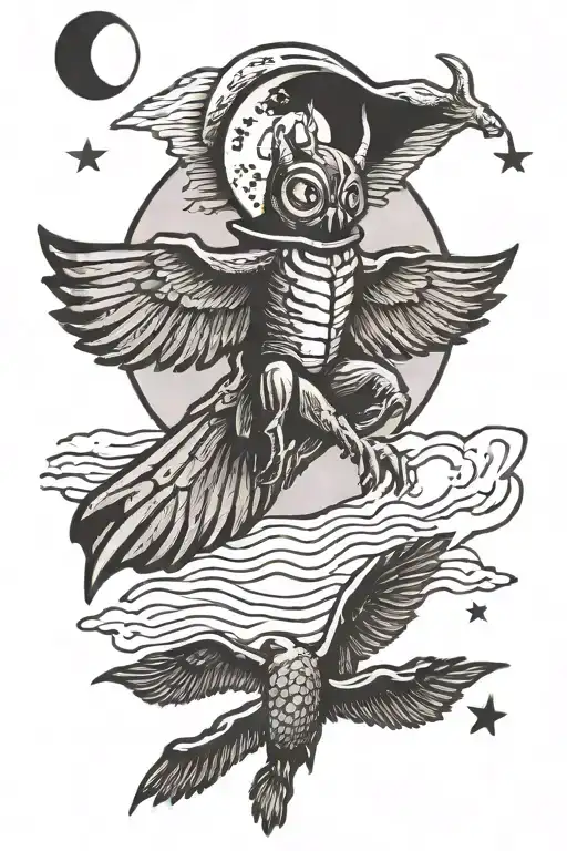 mothman flying by the moon tattoo design idea