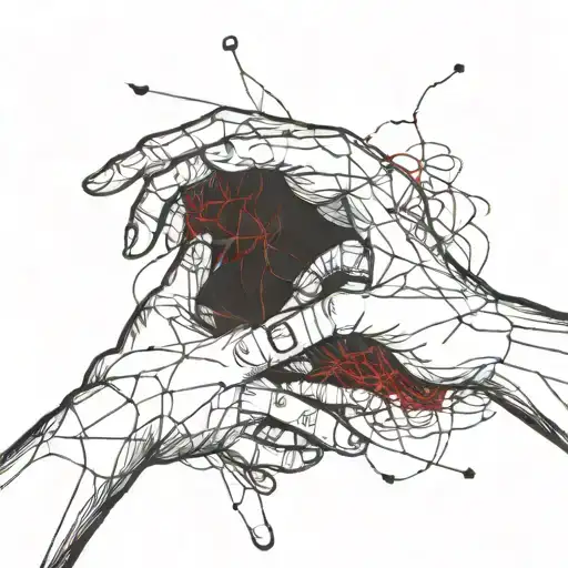 A pair of hands reaching towards each other with a red thread connecting them, symbolizing fate and connection tattoo design idea