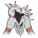 A pair of hands reaching towards each other with a red thread connecting them, symbolizing fate and connection tattoo design idea