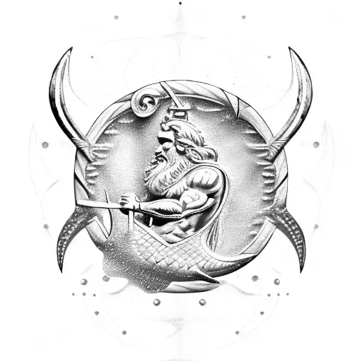 Poseidon holding a Pisces shaped trident tattoo tattoo design idea