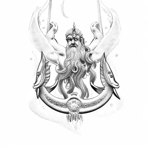 Poseidon holding a Pisces shaped trident tattoo design idea