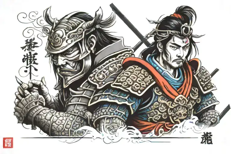 Samurai with big Armour and girl eyes, focus on the eyes tattoo design idea