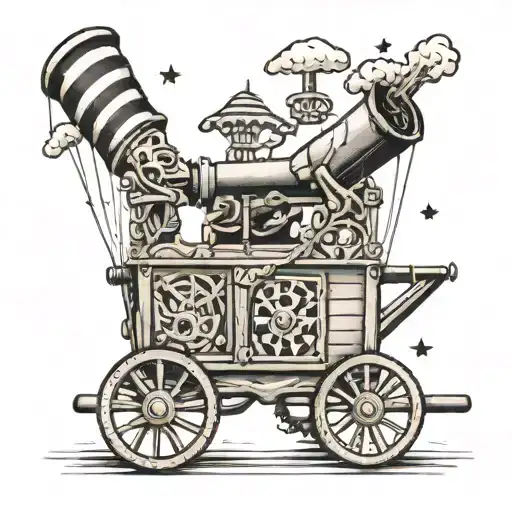 two matchstick figures fly out of a drawn vintage 50's style carnival cannon tattoo design idea