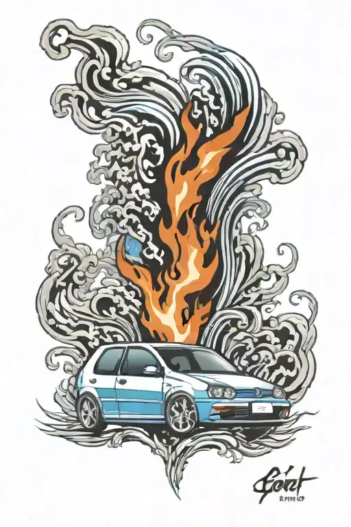volkswagen golf 5 2007 with flames and two blue eyes looking from the flames tattoo design idea