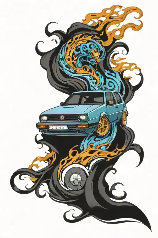volkswagen golf 5 with flames and two blue eyes tattoo design idea