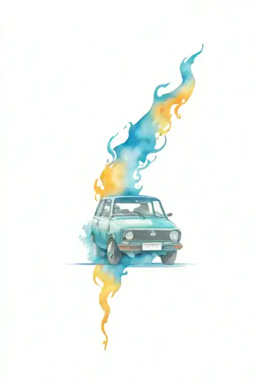 volkswagen golf 5 2007 with flames and two blue eyes looking from the flames tattoo design idea