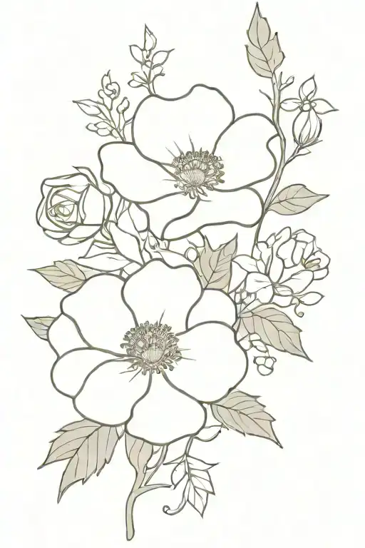 poppy flower, morning glory, holly and wild rose bouquet  tattoo design idea