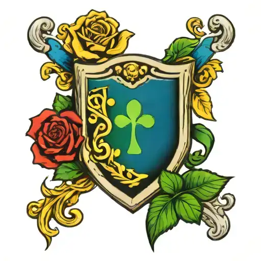 coat of arms featuring a red heart, a yellow rose, a green shamrock and a blue book  tattoo design idea