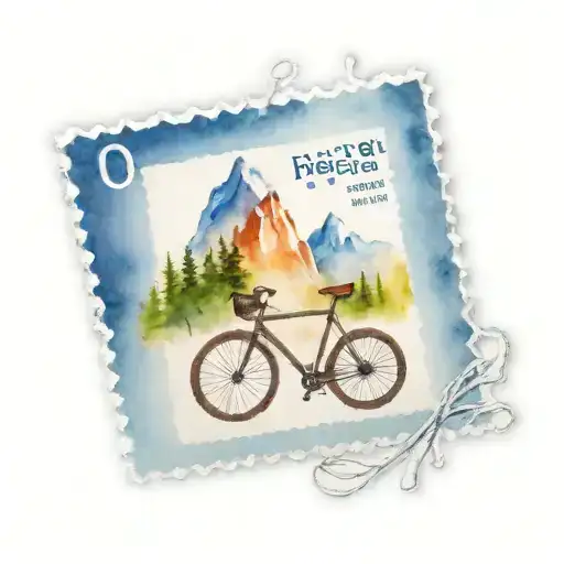 postage stamp, cycling, forest and mountain range tattoo design idea
