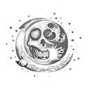 There is a moon and a man who is holding on with his teeth on moon  tattoo design idea