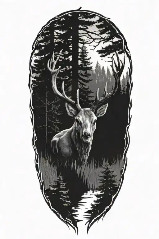 deer skull surrounded by trees and rifle tattoo design idea