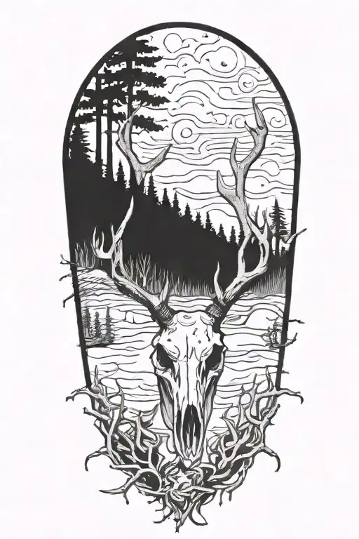 deer skull surrounded by trees and rifle tattoo design idea