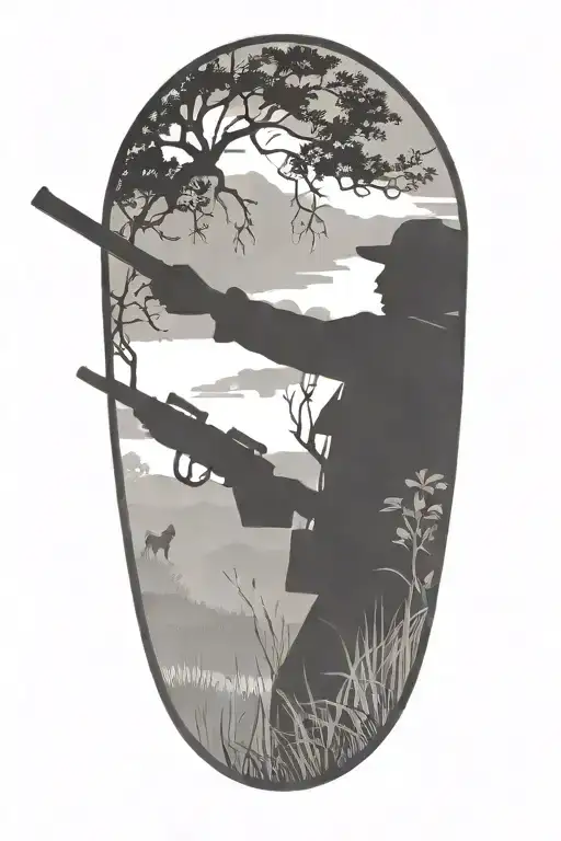 A silhouette of a hunter aiming his rifle at a distant target, with the focus on the precision and skill required in hunting tattoo design idea