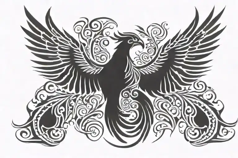 Tribal Phoenix wings spread wings with head center tattoo design idea