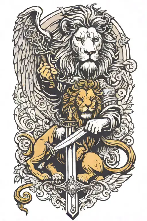 lion and guardian angel holding a sword tattoo design idea