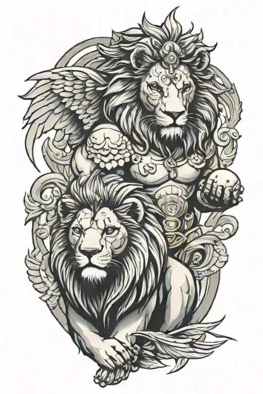 money lion and guardian angel tattoo design idea