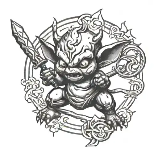 baby devil fighting stance holding staff tattoo design idea