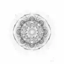 Mandala in whichs center is the mandelbrot set with an embry inside tattoo design idea