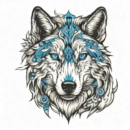 wolf face, with blue eyes. below it should be an eagle with green eyes. in the background should be nature with mountain tattoo design idea