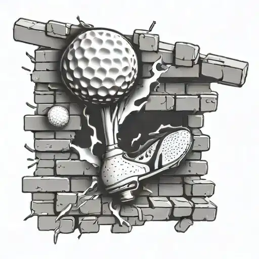 A golf ball breaking through a brick wall with sports equipment flying out behind it tattoo design idea