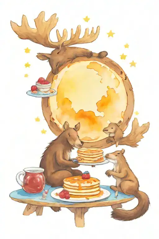 Moose and Beaver enjoying pancakes with Maple syrup under the moon tattoo design idea
