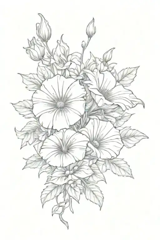 aster flower and morning glory flower bouquet tattoo design idea
