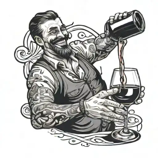 A tattoo of a bartender pouring wine into a glass, with the wine forming the shape of a face smiling back at the bartender tattoo design idea