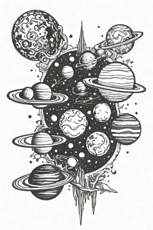 space with planets surrounded by cosmic dust travelling through time tattoo design idea