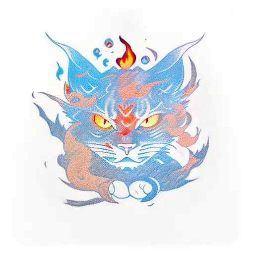 avater the last airbender zuko half face with orange red flame resembling a cat and azula the other half with blue flame tattoo design idea