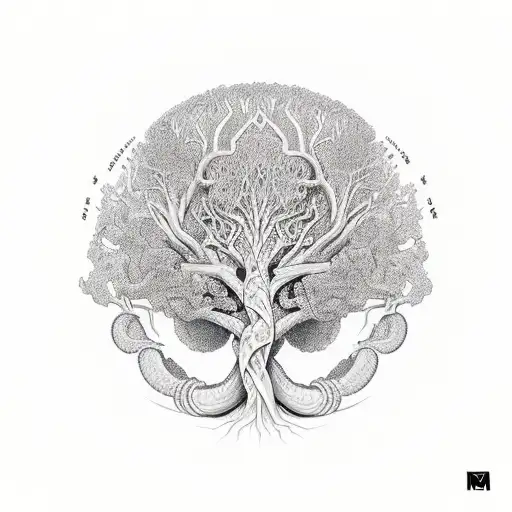 tree of life with Mother Earth giving birth a the root of the tree, snake around the root of the tree tattoo design idea