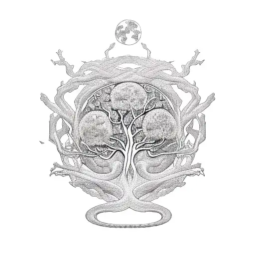 tree of life with Mother Earth giving birth a the root of the tree, snake around the root of the tree tattoo design idea