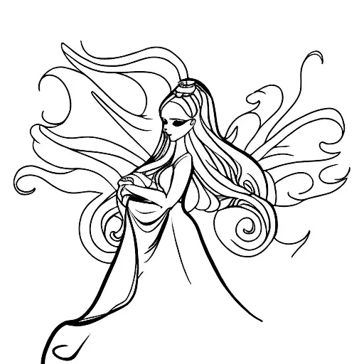 fine line fairy with a flowing dress tattoo design idea