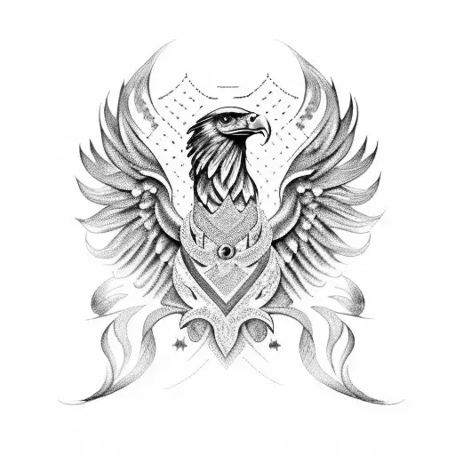 A mythical creature combining the elegance of an eagle with the strength of a horse, surrounded by intricate blackwork patterns tattoo design idea