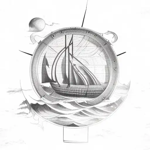 A detailed sketch of a historic Viking ship sailing across a map of the world, with waves and compass symbols surrounding it tattoo design idea