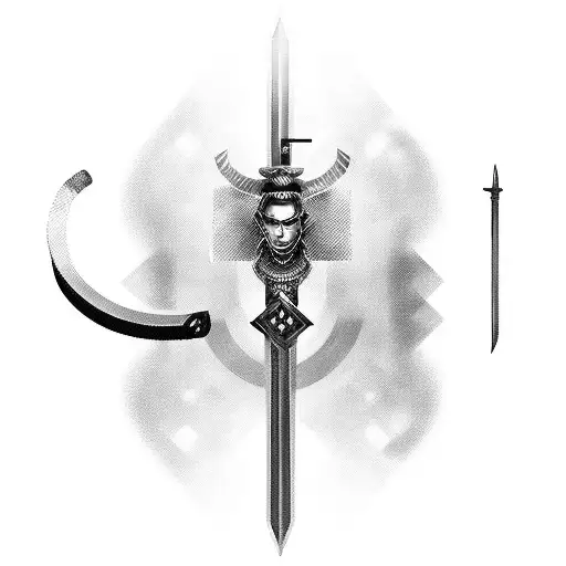 A black and grey portrait of a Viking warrior, with a sword piercing through a digital circuit board, symbolizing the fusion of history and technology tattoo design idea