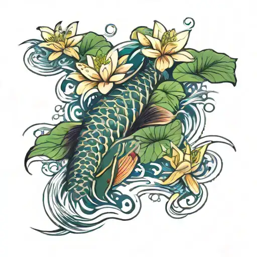 Coy fish half leg sleeve with lily pads and flowers and water and very vibrant and bright. Tattoo tattoo design idea