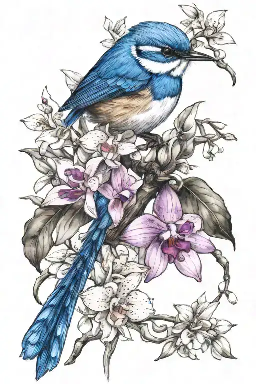 blue wren bird amongst orchid vine wrapping tattoo design idea