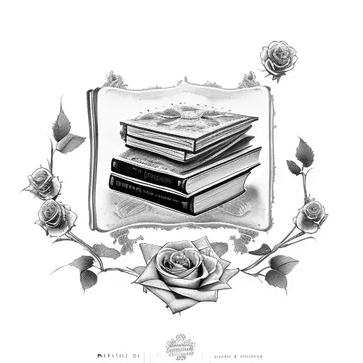 Books stacked up spines out with Ruth Ware titles on the spines and dark roses growing out of the books tattoo design idea