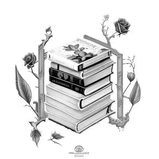 Books stacked up spines out with Ruth Ware titles on the spines and dark roses growing out of the books tattoo design idea