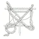 a black rope is wrapped around the left collarbone; the end of the rope is on the left chest; an equilateral cross hangs at the end of the rope tattoo design idea