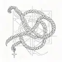 a black rope is wrapped around the left collarbone; the end of the rope is on the left chest; an equilateral cross hangs at the end of the rope tattoo design idea