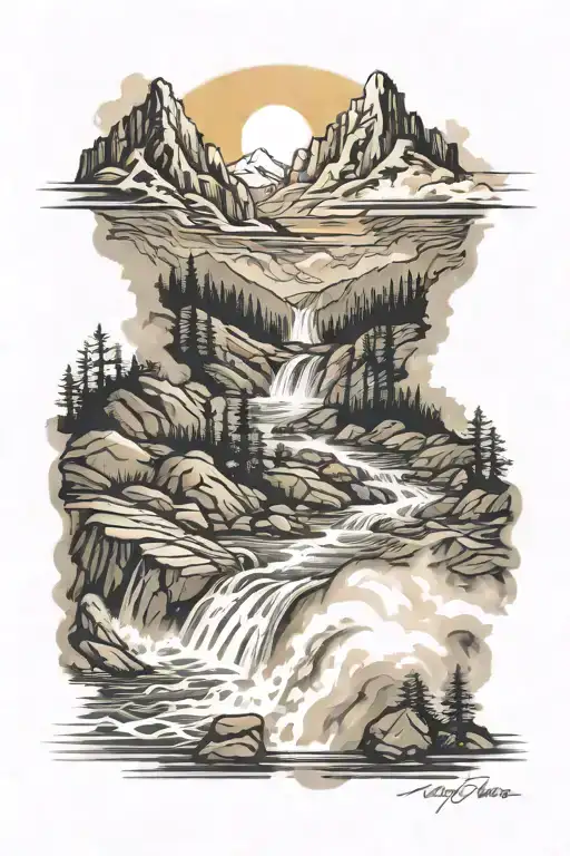 raging river with mountains and cross in sun beams tattoo design idea