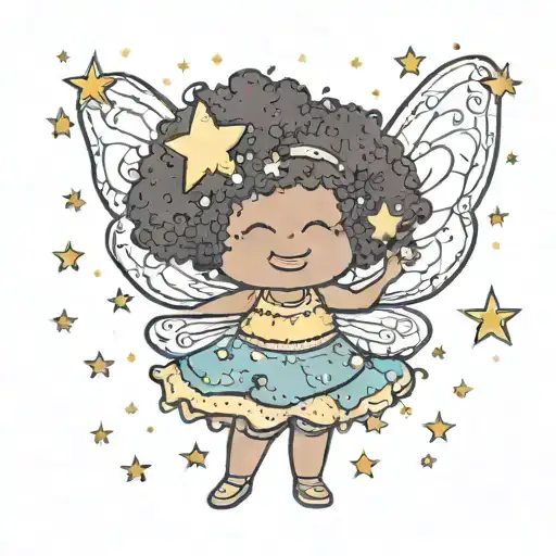 chubby afro fairy standing with sparkles and stars around her tattoo design idea