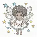 chubby afro fairy standing with sparkles and stars around her tattoo design idea