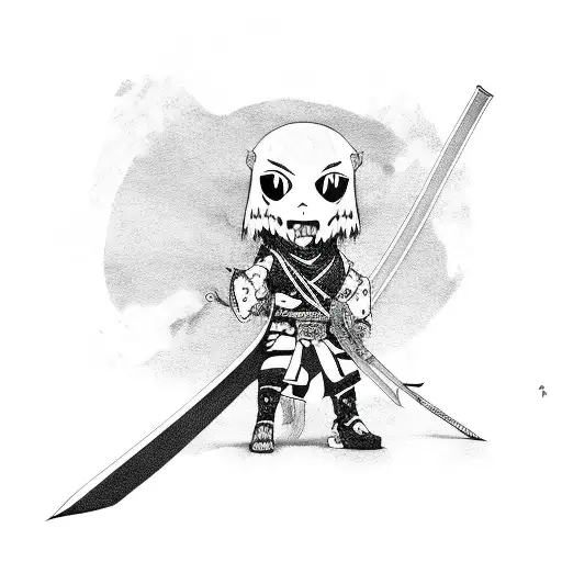 Anime character with a katana surrounded by skulls tattoo design idea