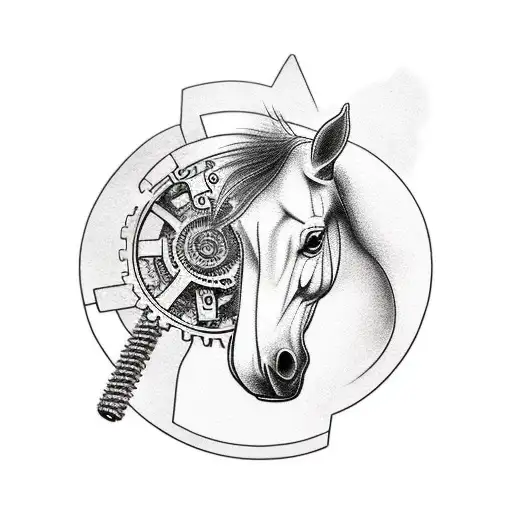 A minimalist tattoo of a horse with mechanical gears incorporated into its body tattoo design idea