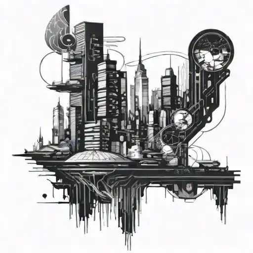 Combine elements from Blade Runner, Blade Runner 2049, and Inception to create a futuristic cityscape tattoo tattoo design idea